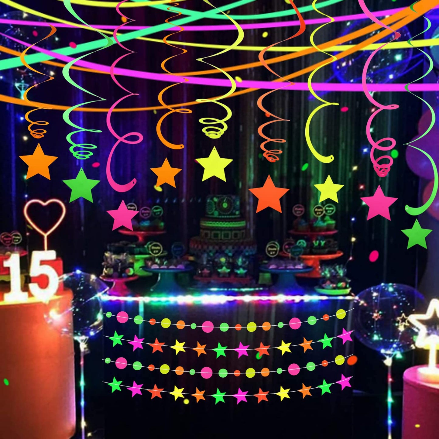 530feet UV Paper Neon Garland Neon Streamers Glow in The Dark Glow Party Supplies and Decorations Glow in The Dark Streamers Blacklight Reactive Fluorescent Black Light Neon Party Supply for Birthday