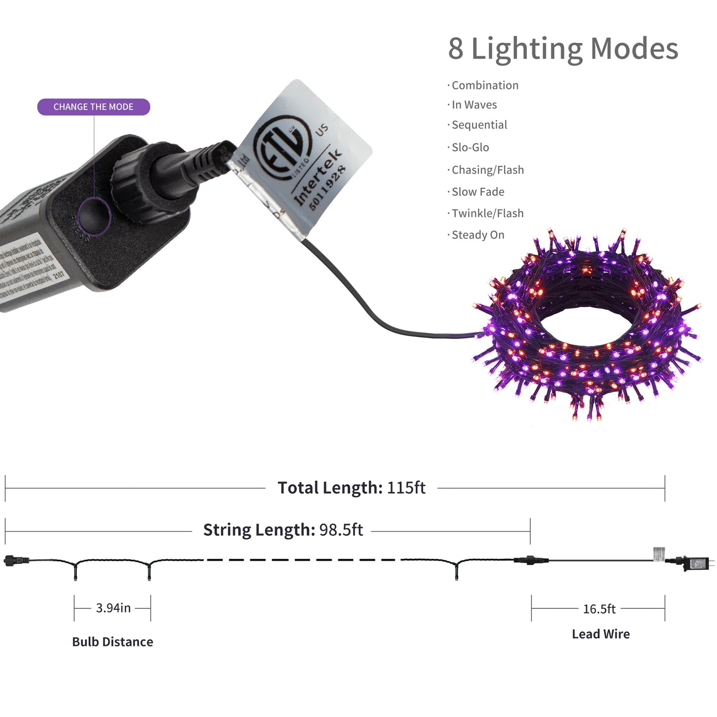 300 LED Halloween String Lights, 98.5FT with 8 Modes, Waterproof, Plug in for Indoor/Outdoor Party Decorations (Purple & Orange)