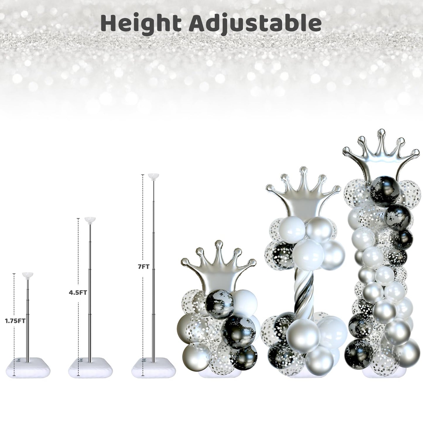 Balloon Arch Stand, Balloon Arch Kit of 2, 7 Feet Height Adjustable Metal Balloon Column Stand for Party Decorations Wedding Birthday, Graduation Party Decoration, Baby Shower, Silver