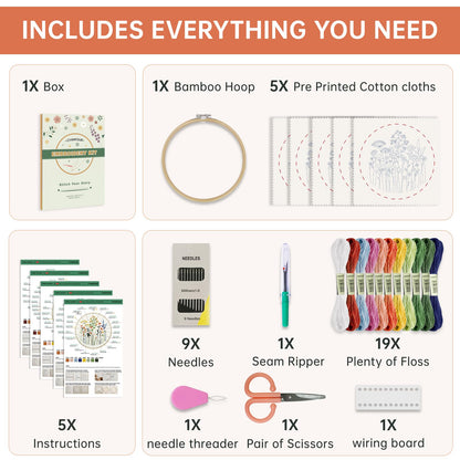 5 Pack Beginner Embroidery Kit for Adults, Easy to Learn Floral Embroidery Patterns from Video & Instruction, Needlepoint Kits for Adults Include Embroidery Hoop, Colorful Threads, Tools
