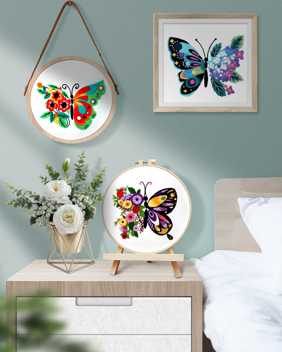 3 Sets Embroidery Stitch Practice kit, Butterfly Flower Embroidery Kit for Beginners Include Cloth Hoops Threads for Craft Lover Hand Stitch with Embroidery Skill Techniques