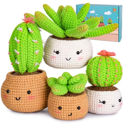 Crochet Kit for Beginners - Crochet Starter Kit with Step-by-Step Video Tutorials, Learn to Crochet Kits for Adults and Kids, DIY Knitting Supplies, 4 Pack Plants Family(40%+ Yarn)