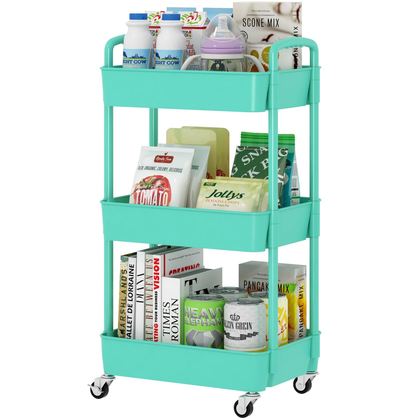 3-Tier Plastic Rolling Utility Cart with Handle, Multi-Functional Storage Trolley for Office, Living Room, Kitchen, Movable Storage Organizer with Wheels, Green