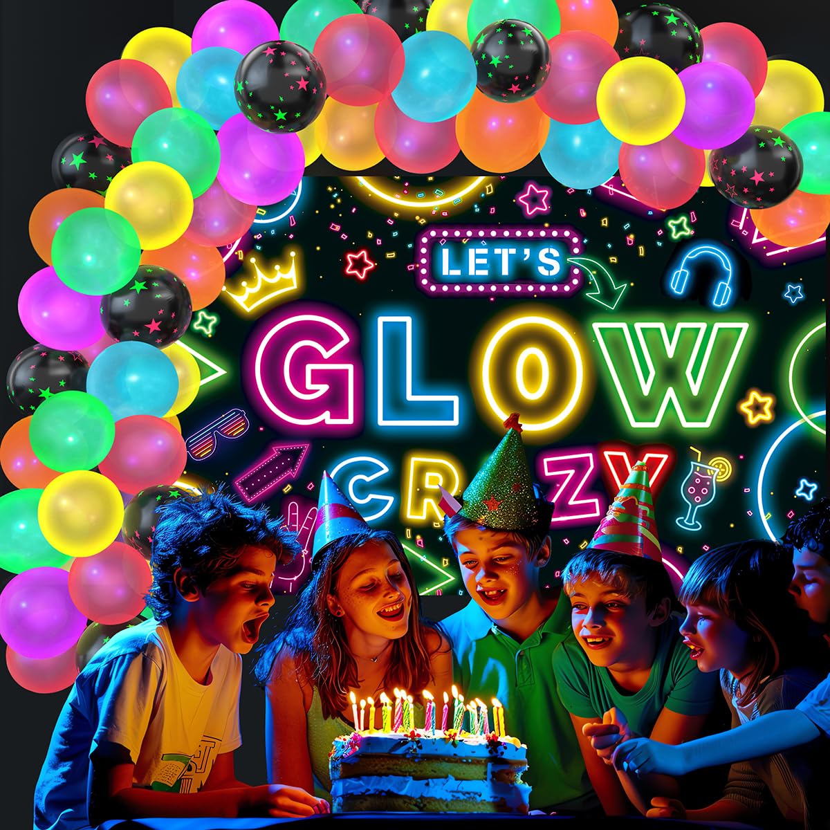Neon Glow Party Decorations Glow in the Dark Party Supplies 60Pcs UV Blacklight Luminous Neon Balloons Arch Kit and Let's Glow Crazy Decorations Backdrop for Birthday Sleppover Decor