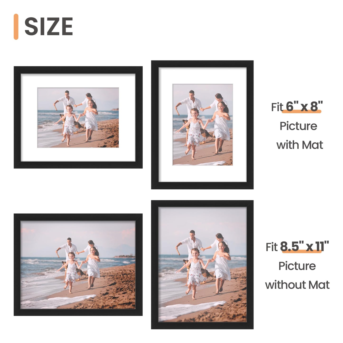 8.5x11 Picture Frame Set of 3, Made of High Definition Glass for 6x8 with Mat or 8.5x11 Without Mat, Wall and Tabletop Display Photo Frames, Black