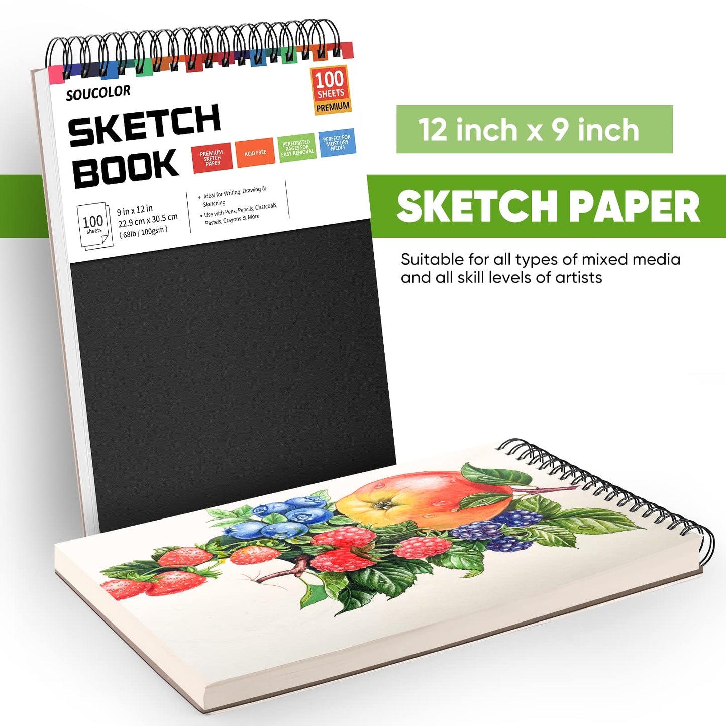 9" x 12" Sketch Book, 1-Pack 100 Sheets Spiral Bound Art Sketchbook, (68lb/100gsm) Acid Free Artist Drawing Book Paper Painting Drawing Writing Sketching Pad for Kids Adult Teens Girls Boys