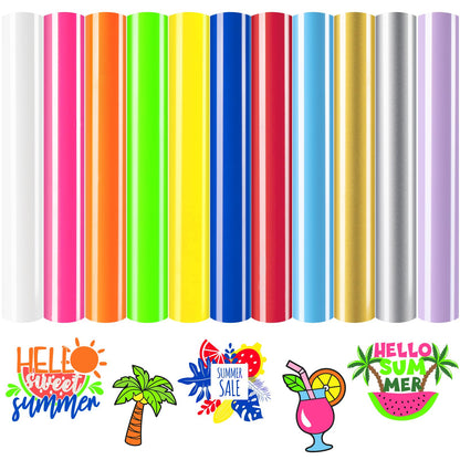 Neon Heat Transfer Vinyl - 12 Pack HTV with 11 Assorted Colors and 1 Teflon Sheet, Compatible with Silhouette Cameo and Cricut - 12x10in