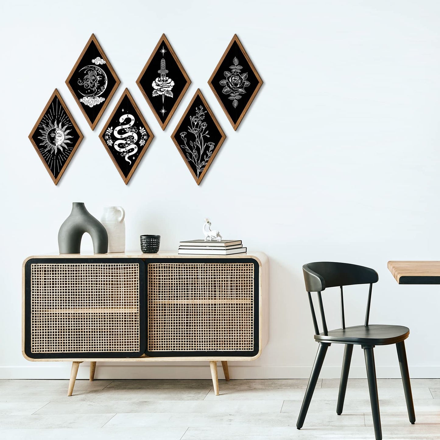 6 Pieces Wall Decor Boho Wall Art Sun Moon Phases Wall Art Gothic Minimalist Stars Sun Wall Hanging Boho Wooden Home Decor Farmhouse Wall Pediments for Gallery Living Bedroom Room