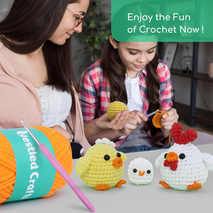 Beginners Crochet Kit, Amigurumi Crochet Animal Kit, Easy Learn to Crochet with Step-by-Step Video Tutorials, 3PCS The Chick Family for Kids & Adults
