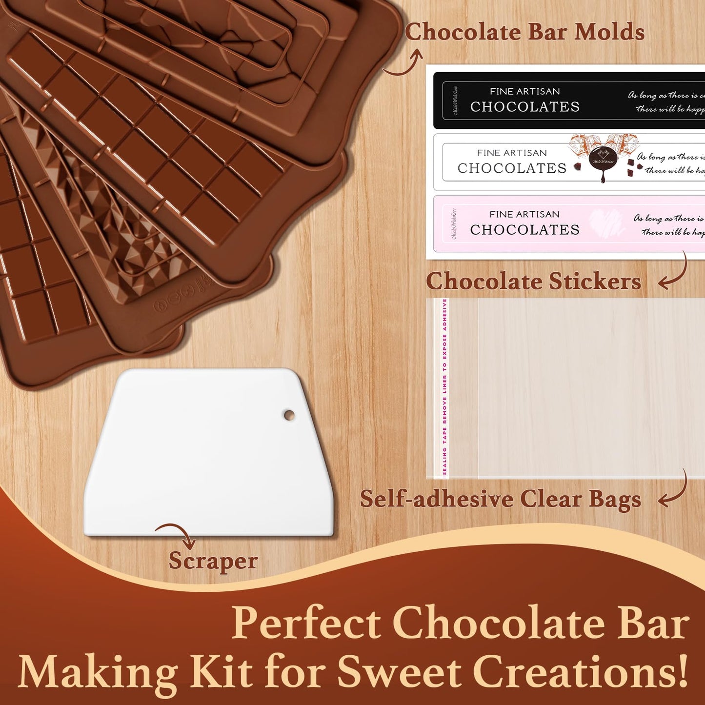 Chocolate Candy Bar Mold Silicone with 50 Clear Wrappers/Stickers/Plastic Scraper and Reusable Storage Bag, Lover Mothers Fathers Day DIY Chocolate Molds Gift