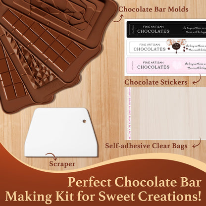 Chocolate Candy Bar Mold Silicone with 50 Clear Wrappers/Stickers/Plastic Scraper and Reusable Storage Bag, Lover Mothers Fathers Day DIY Chocolate Molds Gift