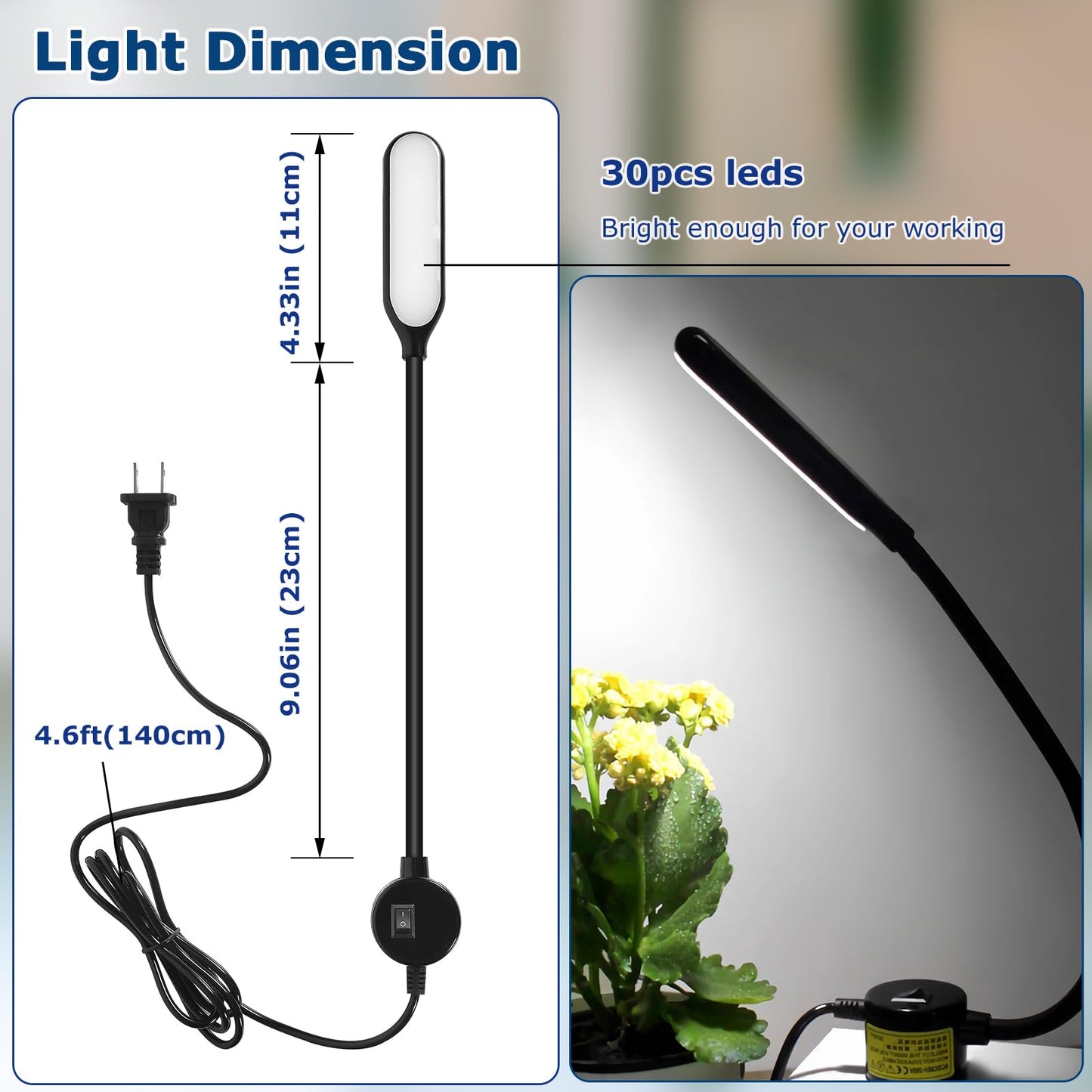 Sewing Machine Light, 30 Led Flexible Gooseneck Work Light with Magnetic Mounting Base, 6000K Daylight Workbench Lamp for Lathes, Drill Presses, 3D Printer - Black