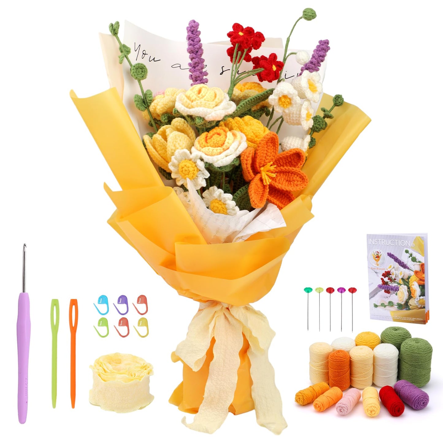 Crochet Kit for Beginners, Flower Bouquet Crochet Kit Rose, Knitting Starter Kit with Crochet Yarn and Step-by-Step Instructions for Birthday, Wedding Anniversary Day Present