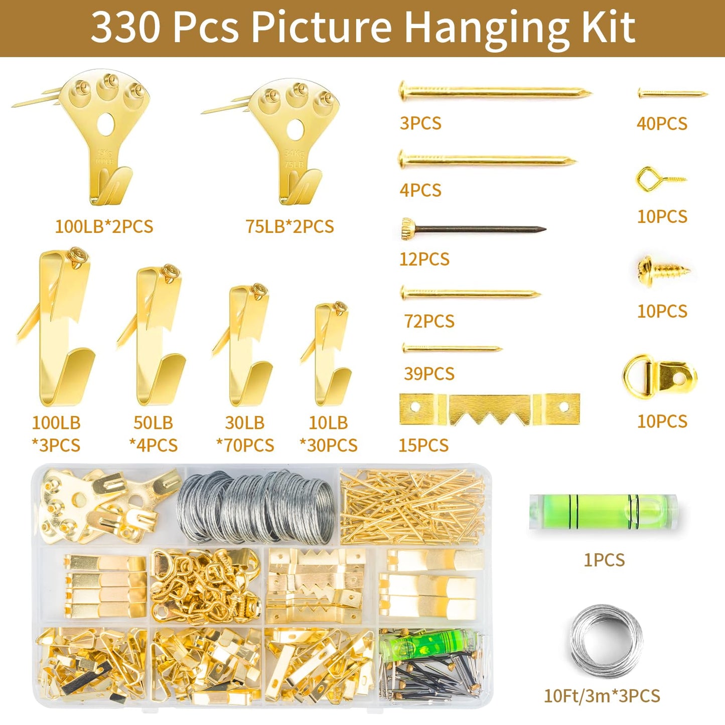 Picture Hanging Assortment Kit, 330PCS Picture Hanging Kit, Picture Hangers, Picture Hanging Hooks, with Sawtooth, Screw Eyes, D Rings, Nails, Screws, Steel Wire,10-100lb Frame Hanging Hardware