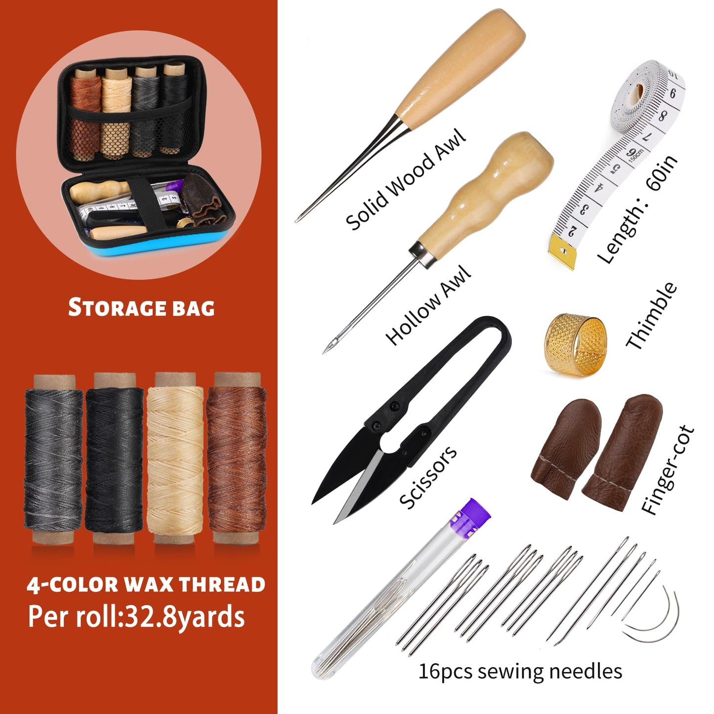Leather Sewing Kit, Leather Stitching Kit with Sewing Awl, Needles, Waxed Thread, Upholstery Repair Kit, Heavy Duty Sewing Tools for Hand Stitching Car Seats, Sofa, Carpets, Shoes, DIY Craft