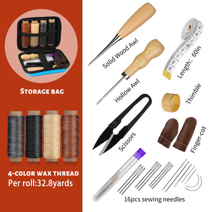 Leather Sewing Kit, Leather Stitching Kit with Sewing Awl, Needles, Waxed Thread, Upholstery Repair Kit, Heavy Duty Sewing Tools for Hand Stitching Car Seats, Sofa, Carpets, Shoes, DIY Craft