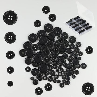 100 Pcs Black Resin Sewing Buttons, 4-Hole Craft Suit Coat Shirt Buttons, 5 Sizes, Round Mixed, with Compartment Storage Box, Suitable for Sewing, DIY and Holiday Decoration