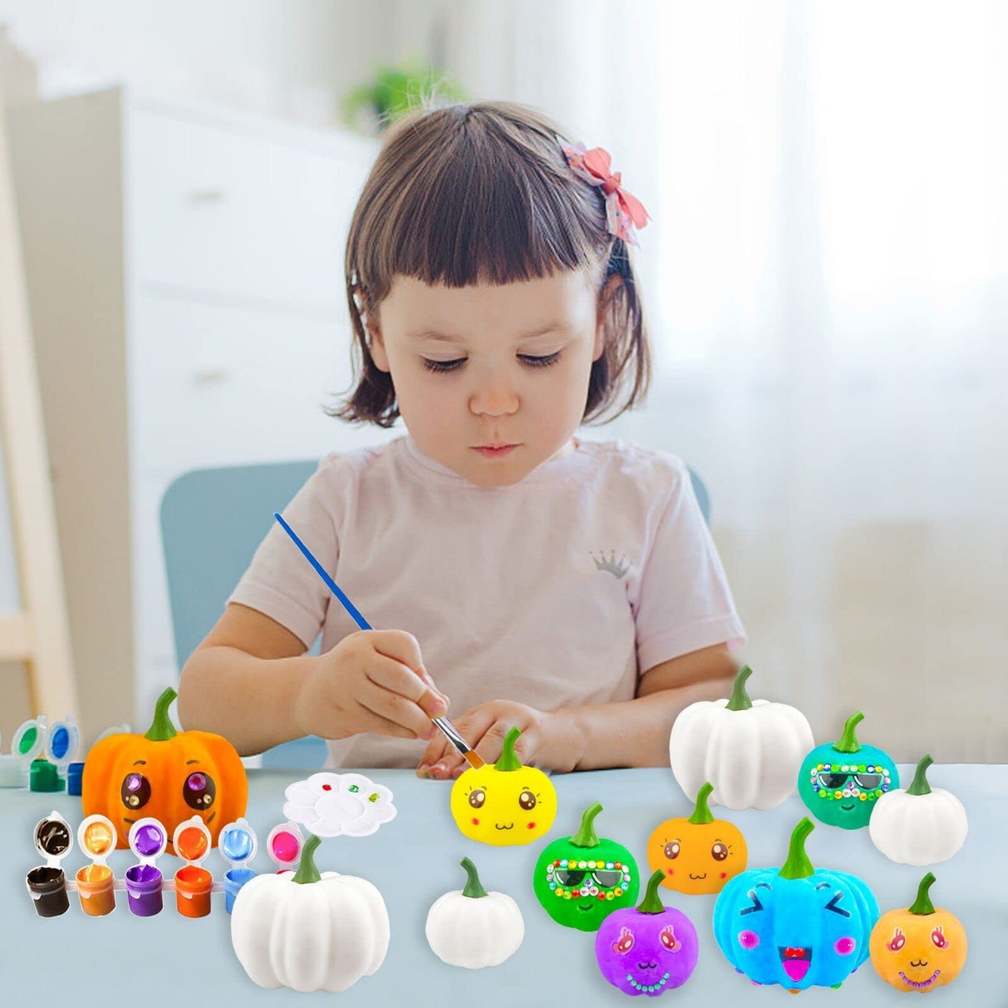 Pumpkin Decorations Halloween Crafts - 12 White Artificial Pumpkins DIY Arts Kit With Stickers for Kids - Fall Decor for Party, Thanksgiving, Home