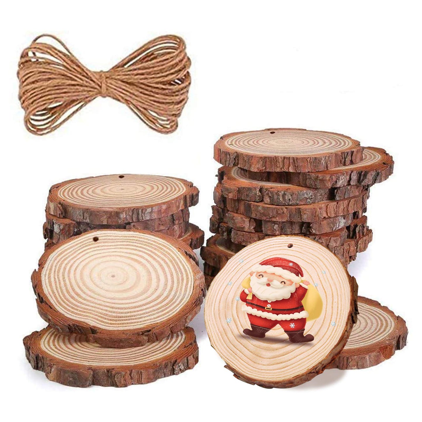 42Pcs Wood Slices 2.4-2.8 Inches Unfinished Natural Wood Rounds, Wood Craft Circles Kit with 33 Feet Twine String and Pre-drilled Hole for DIY Wood Burning Painting Christmas Ornaments Party Decor