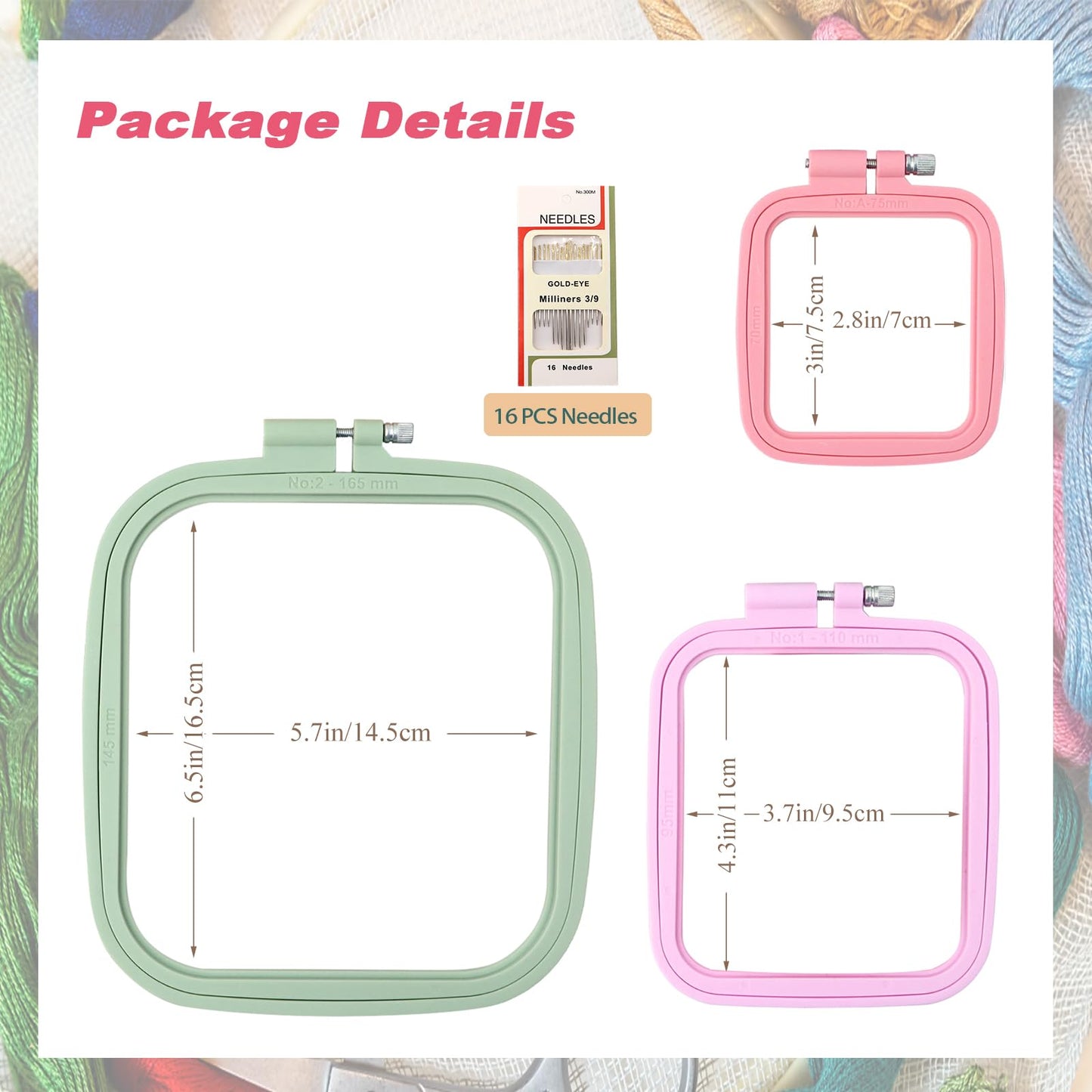 Square Embroidery Hoops, Cross Stitch Hoop and ABS Plastic Embroidery Hoops for Sewing, Needlework, Cross Stitch, Embroidery Projects (3PCS-3", 4.3", 6.5")