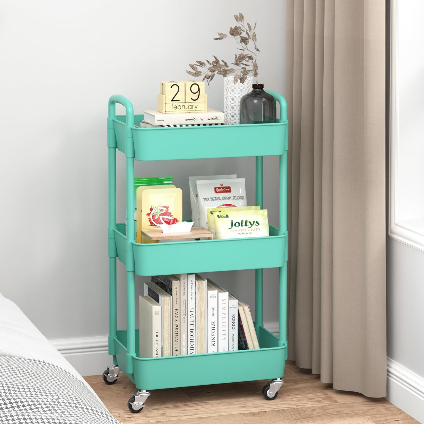 3-Tier Plastic Rolling Utility Cart with Handle, Multi-Functional Storage Trolley for Office, Living Room, Kitchen, Movable Storage Organizer with Wheels, Green