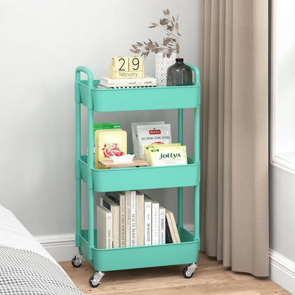 3-Tier Plastic Rolling Utility Cart with Handle, Multi-Functional Storage Trolley for Office, Living Room, Kitchen, Movable Storage Organizer with Wheels, Green