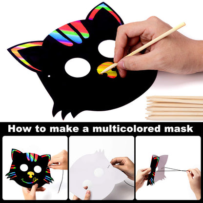 Halloween Mask Craft Kit for Kids, 52 Pcs Kids Magic Scratch Paper Animal Masks, DIY Rainbow Scratch Art Masks for Halloween and Animal Birthday Party