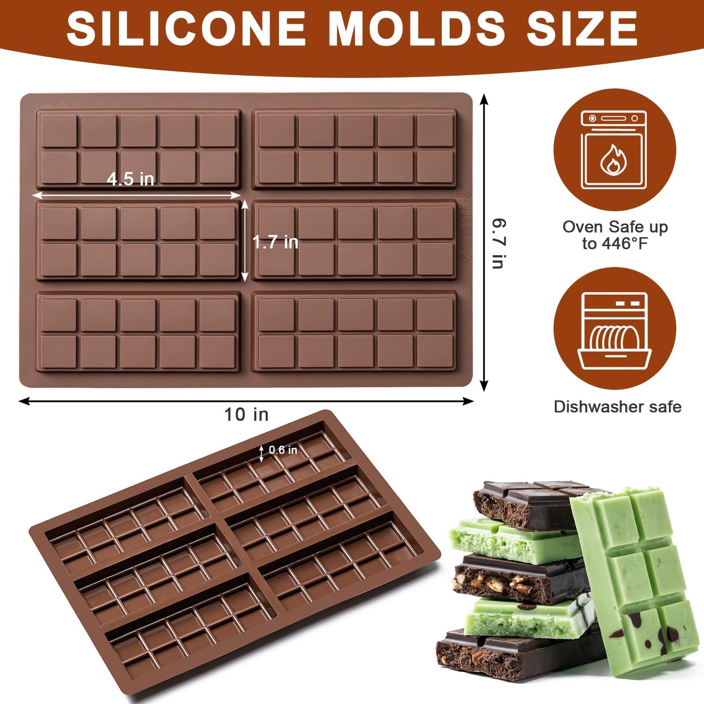 Chocolate Bar Mold,Non-Stick Chocolate Molds, 100% Food Grade Silicone Deep Chocolate Bar Mold for Dubai Chocolate Bar Pistachio, Candy, Knafeh Pistachio Chocolate Bar and More (10 Snap)