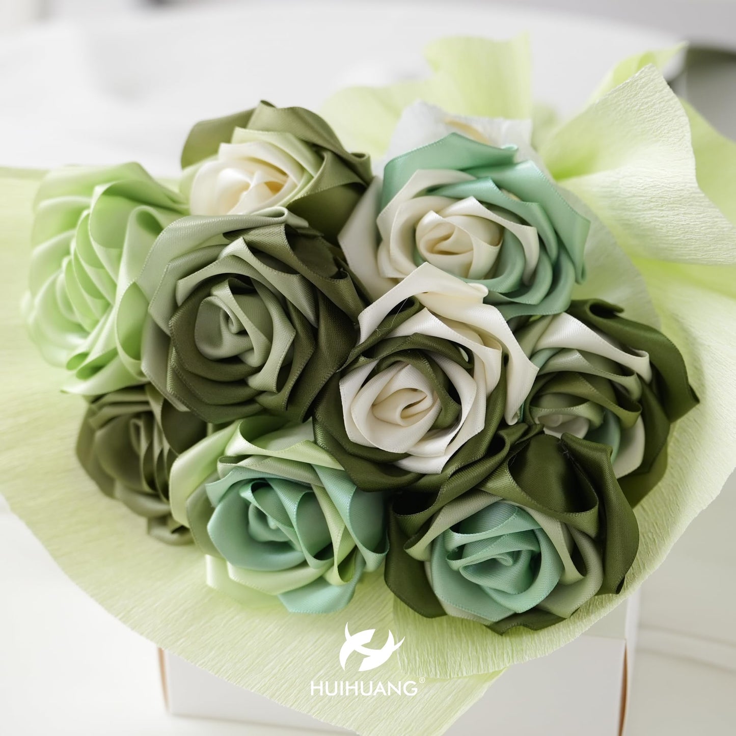 Green Satin Ribbon 1-1/2 inch Ivory/Sage Green/Dusty Sage/Moss Green Double Face Satin Ribbons for Flower Bouquet, Gift Wrapping, Bows, Crafts, Eternal Rose- Total 30 Yards