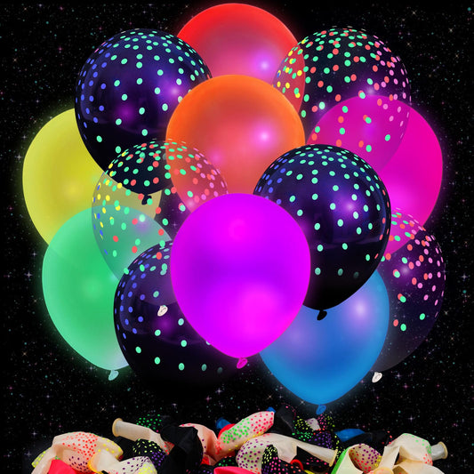 3 otters 66PCS Glow Balloons Assorted Colors, 12"" UV Neon Balloons with Small Dots Neon Glow in the Dark Balloons Fluorescent Balloons for Birthday Wedding Glow Party Supplies, Medium, HSHD2969