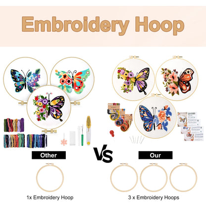 3 Sets Butterfly Embroidery Kit for Beginners Adults, Stamped Cross Stitch Kits for Beginners Include Embroidery Fabric Embroidery Hoop Threads and Needles