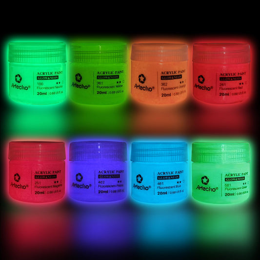 Glow in the Dark Paint 8 Colors, 20 ml / 0.7 oz Acrylic Paint for Decoration, Art Painting, Outdoor and Indoor Art Craft, Supplies for Canvas, Rock, Wood, Waterproof Rich Pigments