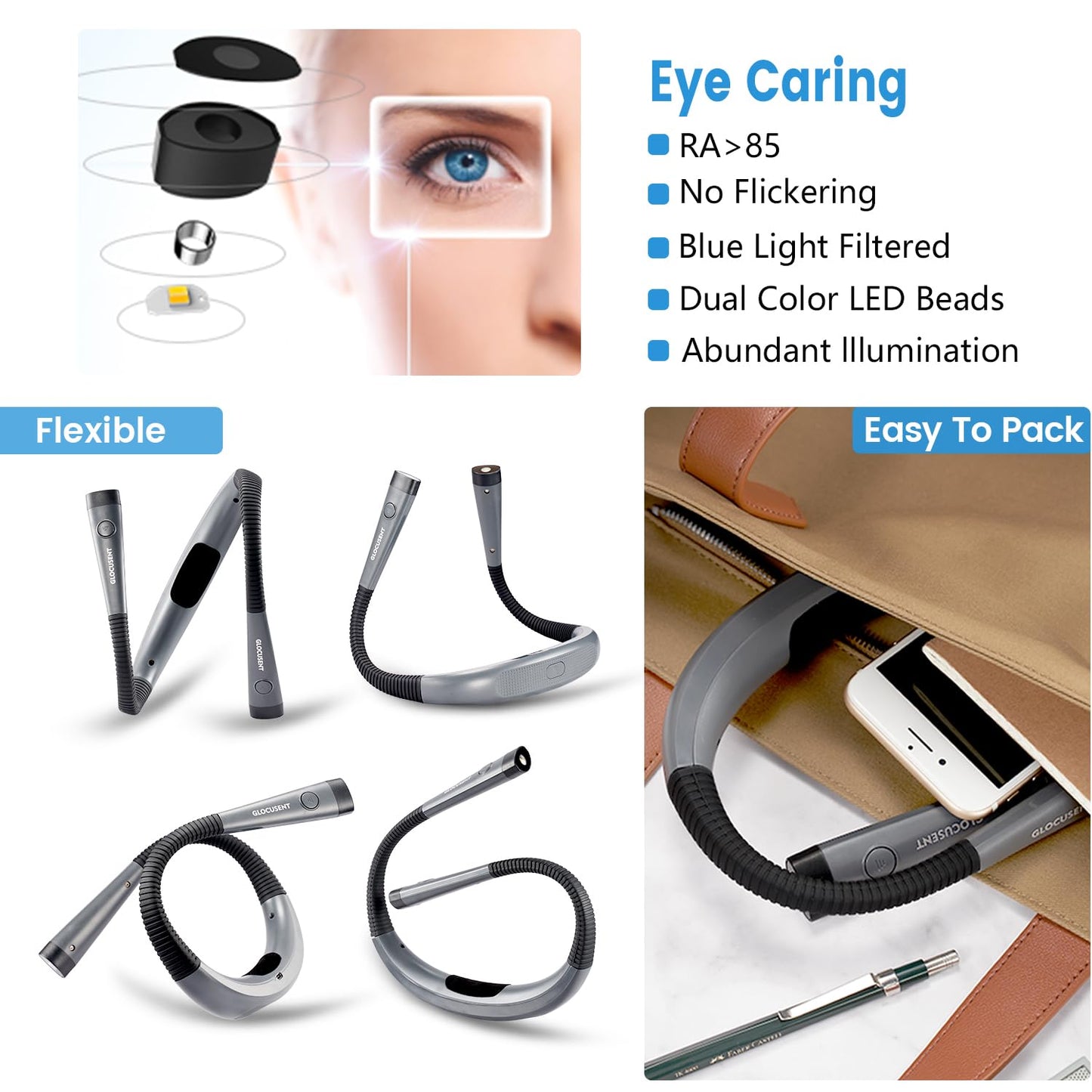 Book Light, 3-Color & 6-Brightness Reading Light, Bendable Neck Light, 80-hr Lasting Rechargeable Lamp, Perfect Book Light for Reading in Bed, Knitting, Camping, Repairing, Book Lovers Gifts