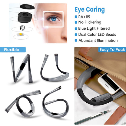 Book Light, 3-Color & 6-Brightness Reading Light, Bendable Neck Light, 80-hr Lasting Rechargeable Lamp, Perfect Book Light for Reading in Bed, Knitting, Camping, Repairing, Book Lovers Gifts