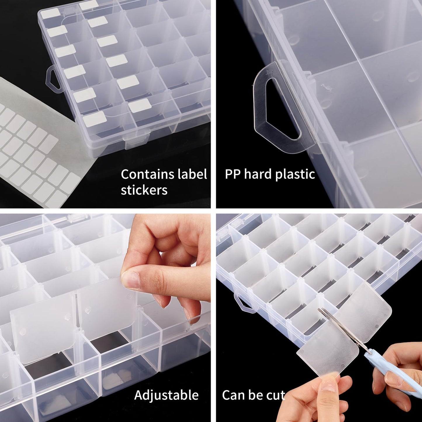 2 Pack 36 Grids Clear Plastic Bead Organizer Box, Fishing Tackle Box Compartment Organizer with Adjustable Dividers for Jewelry, Art Craft, Bead Storage Containers with 5 Sheets Label Stickers