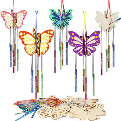 8 Pack 3D Butterfly Wind Chime Kit for Kids Make Your Own Butterfly Wind Chime Wooden Arts and Crafts for Kids DIY to Paint Butterfly Craft for Summer Spring Art Activity Birthday Party