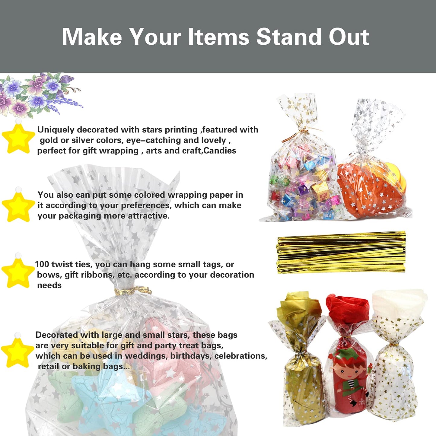 100 Pcs Star Printed 5"X 7" Gift Wrap Cello Cellophane Treat Bags Party Favor bags Clear Candy Cookie Bags Plastic Poly Goodie Storage Bags with Twist Ties for Bakery,Birthday, Wedding ,Party Decorations (Gold)