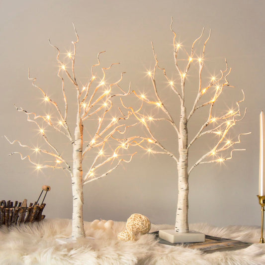 White Birch Tree with LED Lights - Set of 2, Tabletop Tree with Timer, Christmas Decorations Lighted Tree for Indoor Mantel Home Decor (2 FT, 24 LED)