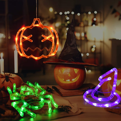 Halloween Decorations 3 Pack - Orange Pumpkin, Green Spider, Purple Witch Hat Window Lights With Suction Cup - Battery Operated, Upgrade Slow Fade Mode, Timer Function