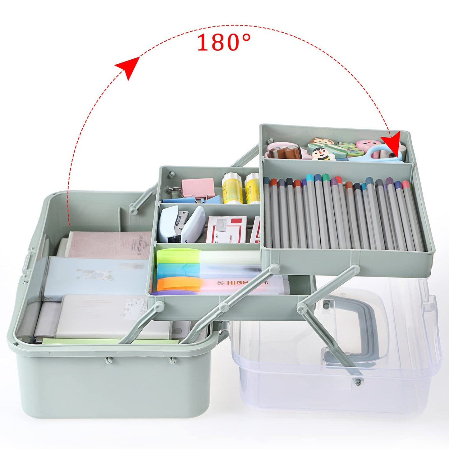 3-Layer Plastic Dividing Storage Box Craft Organizer and Storage with Adjustable Spacers Portable Handled Art Supply Organizer Multipurpose Home Utility Box for Medicine Box Sewing Box Organizer (Haze Green)