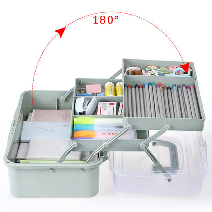 3-Layer Plastic Dividing Storage Box Craft Organizer and Storage with Adjustable Spacers Portable Handled Art Supply Organizer Multipurpose Home Utility Box for Medicine Box Sewing Box Organizer (Haze Green)