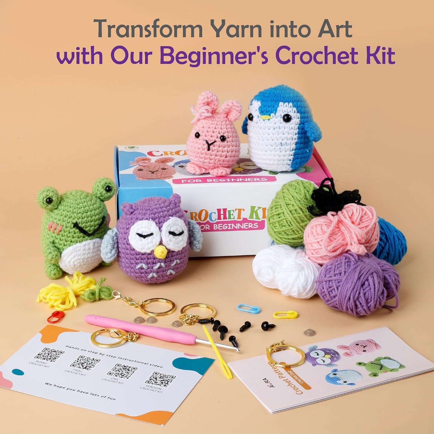 Learn to Crochet Kit for Beginners Kids and Adults, 4 Pattern Beginner Crochet Animal kit with Step-by-Step Video Tutorials (Forest Friends–Standard Size)