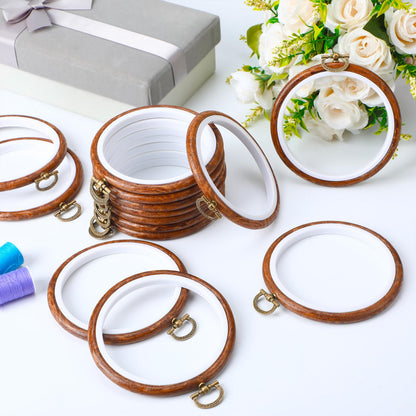 15 Pcs 4 Inch Round Embroidery Frames Pack Hoops Circle Rubber Hoops Ring Display Cross Stitch Ornament Imitated Wood Frame Kits for Father's Day Craft Sewing DIY Hanging Gifts