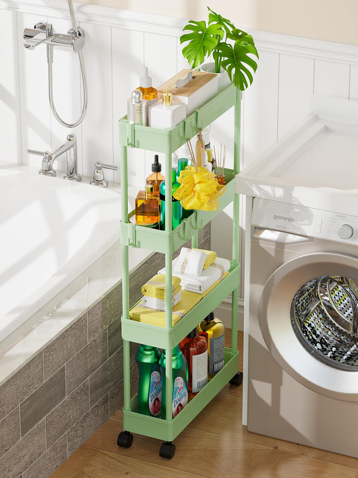 5.1" Slim Storage Cart - 4 Tiers Bathroom Organizer Mobile Shelving Unit Storage Rolling Utility Cart Slide Out Organizer for Kitchen Bathroom Laundry Narrow Places, Green