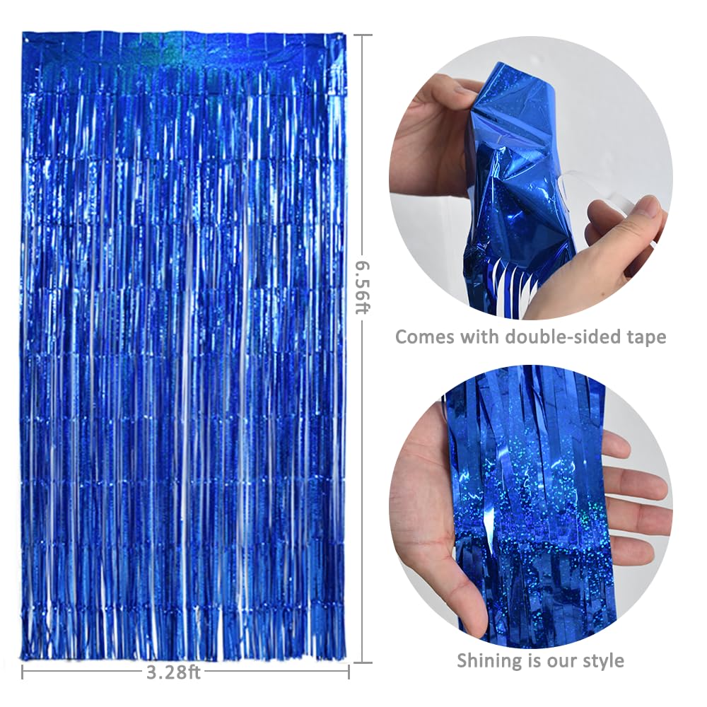 3Pcs Laser Blue Door Streamers, Photo Booth Backdrop Metallic Streamers Foil Fringe Curtains for Birthday, Christmas, New Year, Bachelorette, Grad Party Decor (9.9ft x 6.6ft)