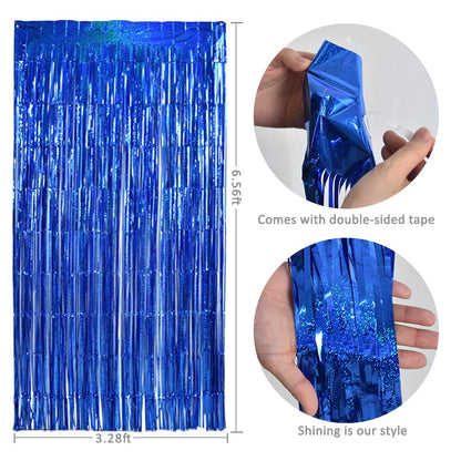 3Pcs Laser Blue Door Streamers, Photo Booth Backdrop Metallic Streamers Foil Fringe Curtains for Birthday, Christmas, New Year, Bachelorette, Grad Party Decor (9.9ft x 6.6ft)