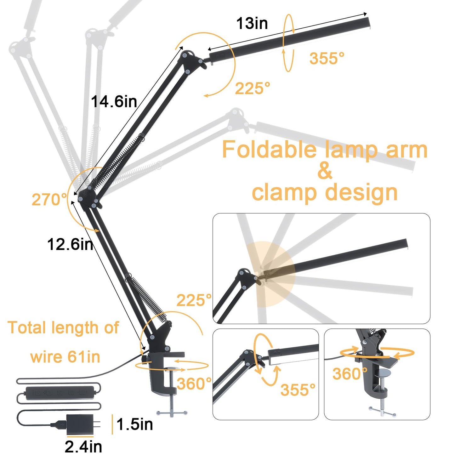 LED Desk Lamp for Home Office, Clamp-On with 5 Light Modes & Auto Shut Off | 14W Adjustable Brightness 5000K Eye-Caring Lighting for Study/Bedroom/Computer Desk