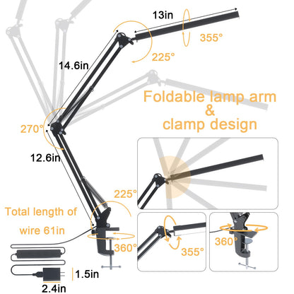 LED Desk Lamp for Home Office, Clamp-On with 5 Light Modes & Auto Shut Off | 14W Adjustable Brightness 5000K Eye-Caring Lighting for Study/Bedroom/Computer Desk