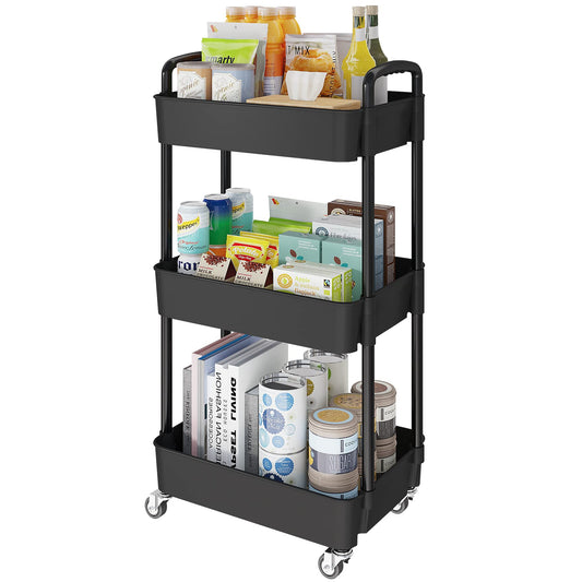 3-Tier Kitchen Storage Cart,Multifunction Utility Rolling Storage Organizer,Mobile Shelving Unit Cart with Lockable Wheels for Bathroom,Laundry,Living Room,With Classified Stickers,Black