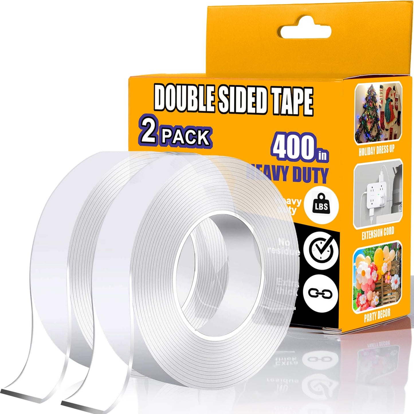 Double Sided Tape Heavy Duty 2 Pack, 1.2 Inch x 400 Inch ，Extra Large Nano Double Sided Adhesive Tape for Walls, Carpets, and Posters - Removable Reusable, Washable(33.3FT)
